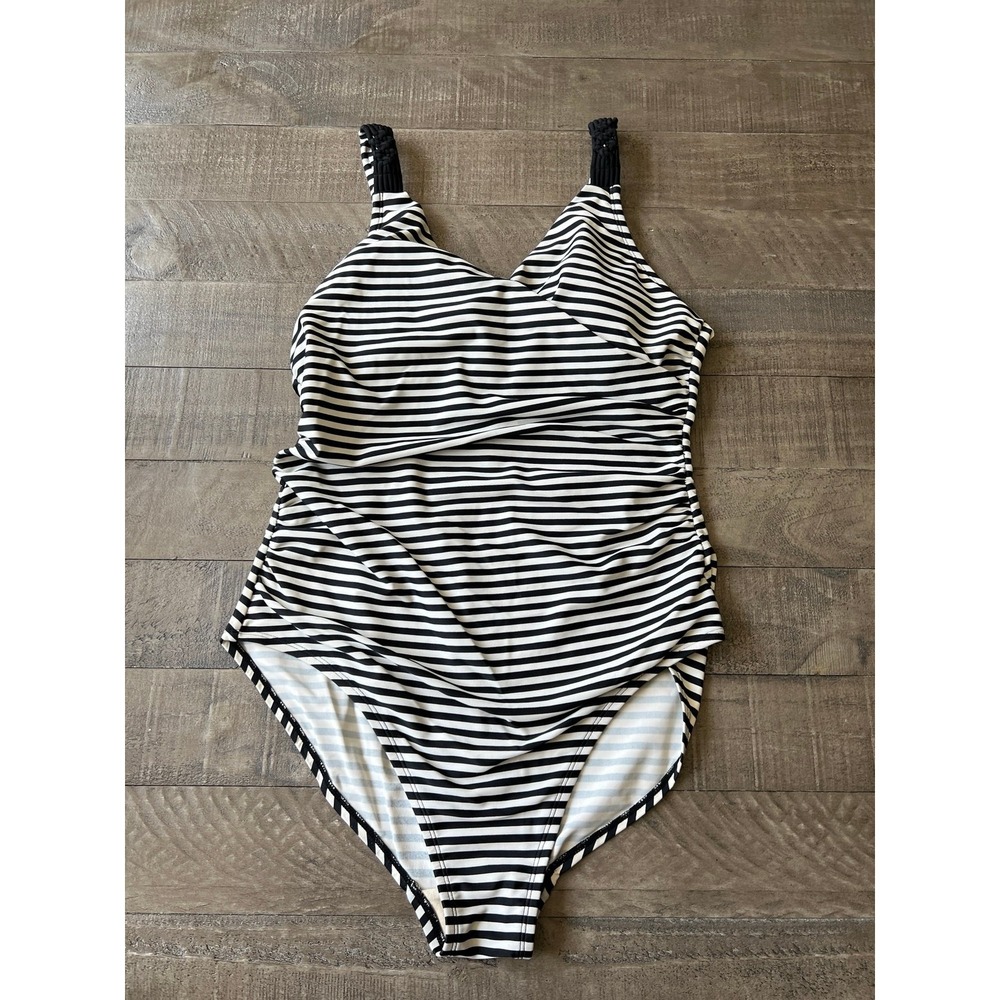 MERONA‎ Black White Striped One Piece Swimsuit Adjustable Straps Size Large